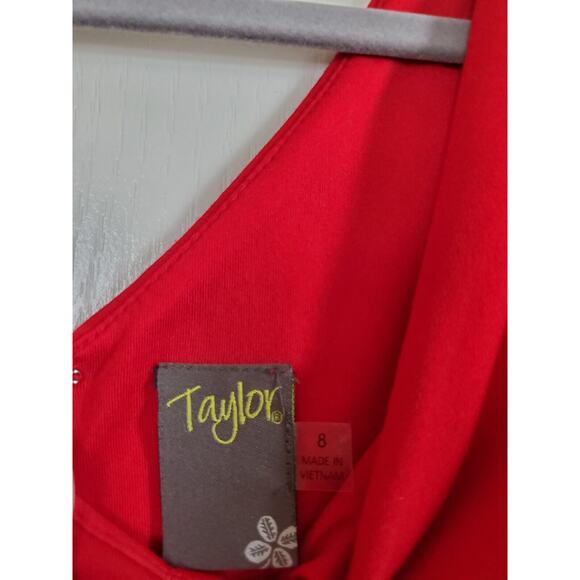 Taylor Holiday Formal Red Cap Sleeve Sheath Dress with Velvet Waistband, Size 8 - Picture 2 of 10